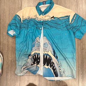 Shark Graphic Button-Up Shirt in Teal and Cream